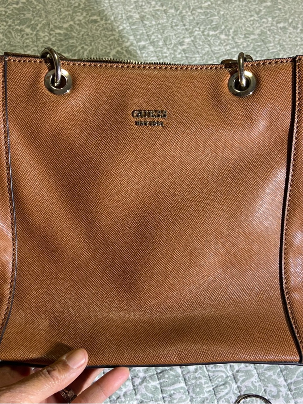 GUESS Cognac Saffiano Leather Tote with Silver Hardware
